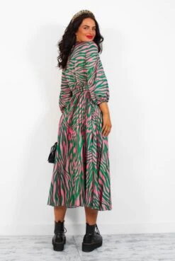 Bolder The Better - Green Pink Zebra Pleated Midi Dress 11 Bolder The Better - Green Pink Zebra Pleated Midi Dress -Fashion Clothing Store BolderTheBetter GreenPinkZebraPleatedMidiDress4