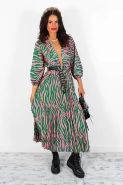 Bolder The Better - Green Pink Zebra Pleated Midi Dress 8 Bolder The Better - Green Pink Zebra Pleated Midi Dress -Fashion Clothing Store BolderTheBetter GreenPinkZebraPleatedMidiDress5