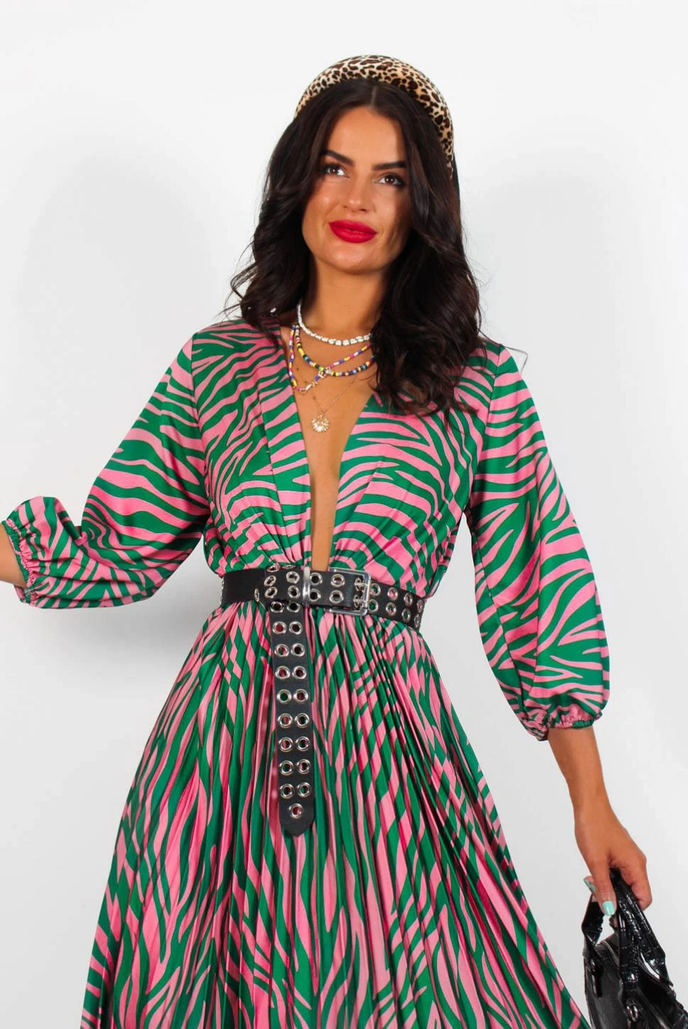 Bolder The Better - Green Pink Zebra Pleated Midi Dress 2 Bolder The Better - Green Pink Zebra Pleated Midi Dress - Image 2