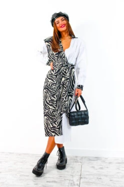 Bringing The Spice - White Zebra Print Spliced Wrap Shirt Dress