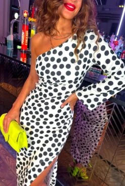 Can't Compare - White Black Polka Dot One Shoulder Maxi Dress