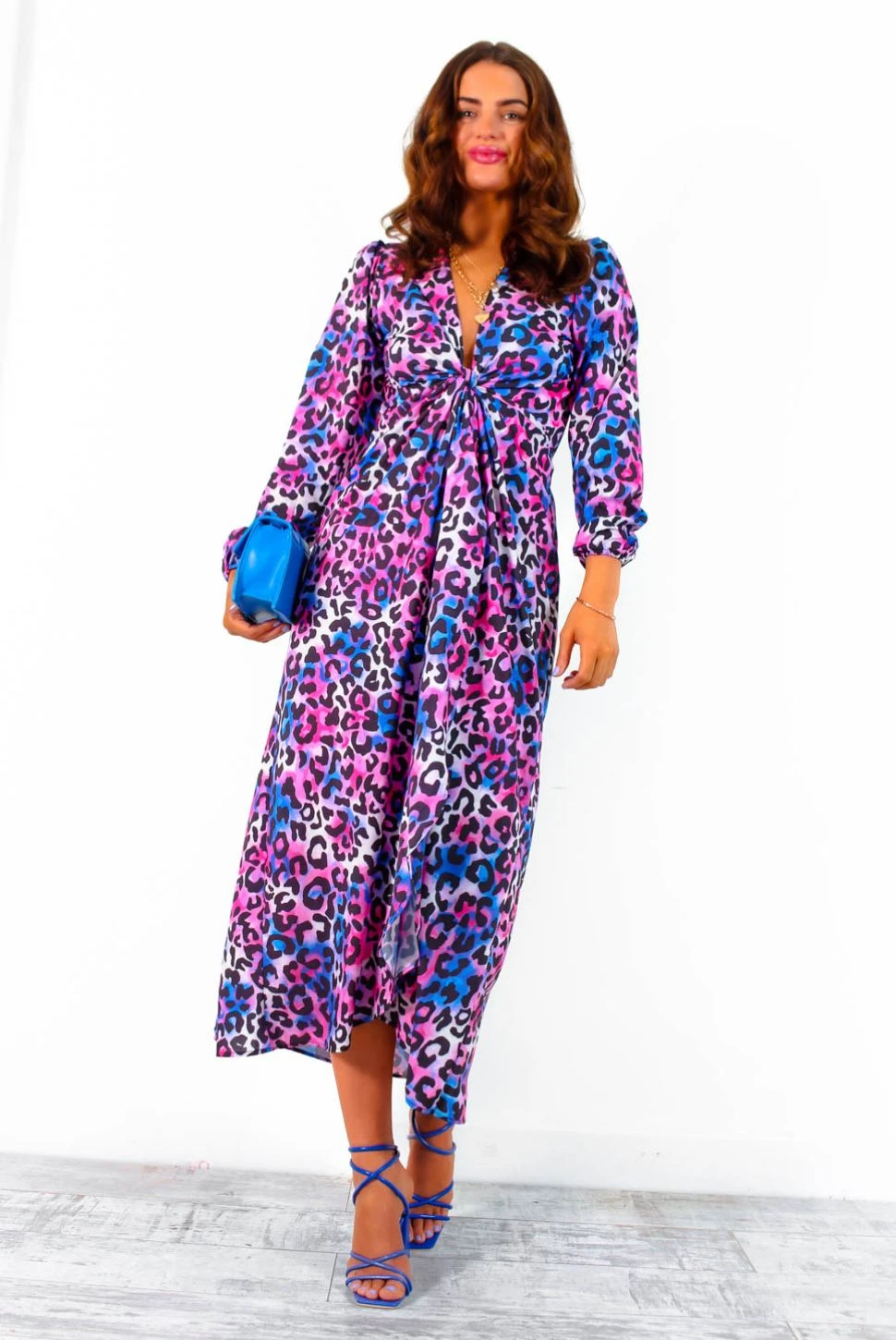 Caught Your Attention - Blue Pink Watercolour Leopard Midi Wrap Dress 2 Caught Your Attention - Blue Pink Watercolour Leopard Midi Wrap Dress - Image 2