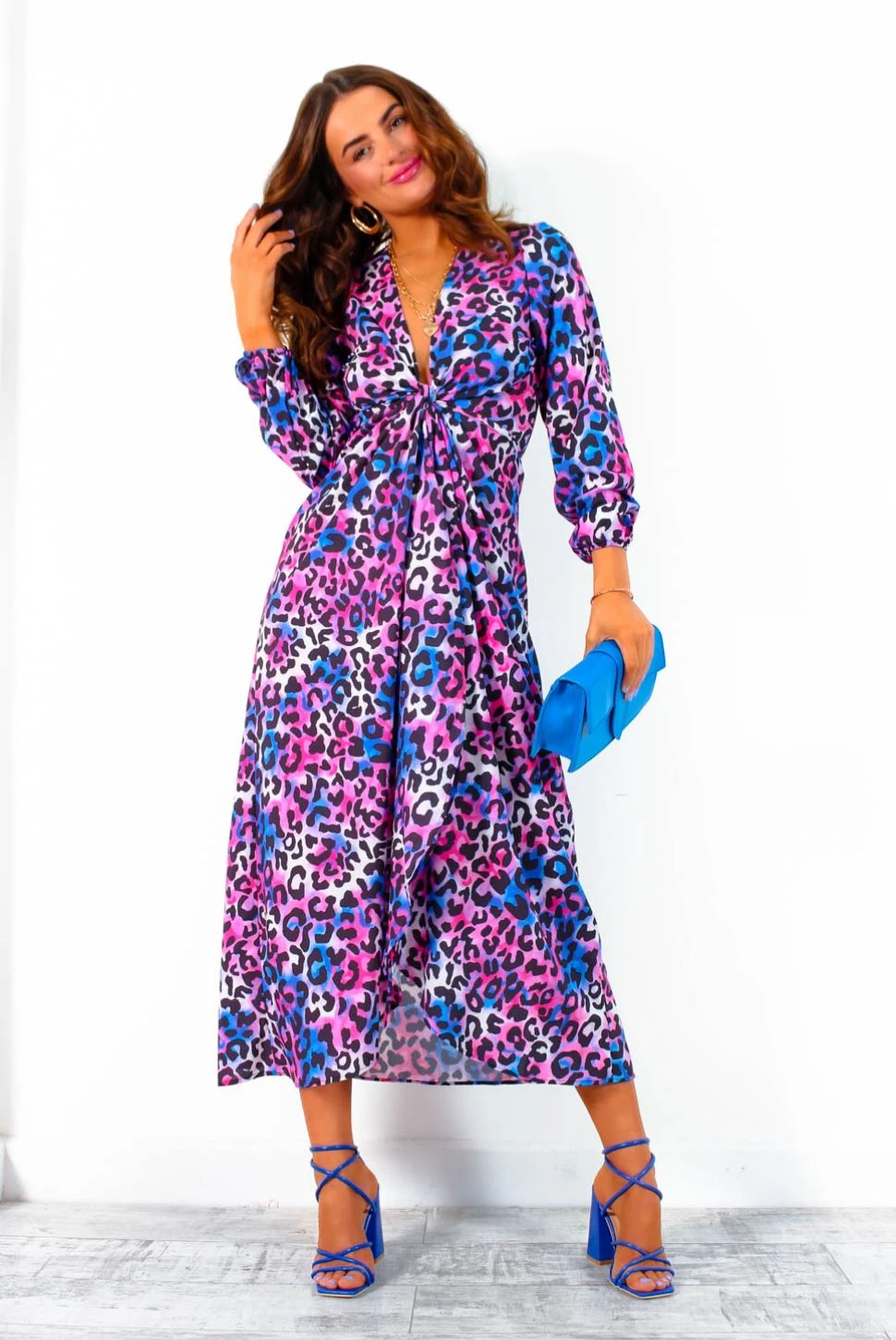 Caught Your Attention - Blue Pink Watercolour Leopard Midi Wrap Dress 4 Caught Your Attention - Blue Pink Watercolour Leopard Midi Wrap Dress - Image 4