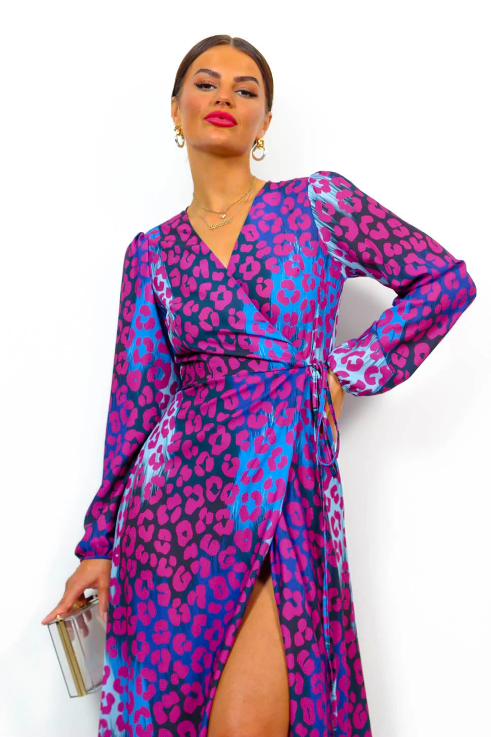 Caught Your Attention - Magenta Blue Leopard Midi Wrap Dress 4 Caught Your Attention - Magenta Blue Leopard Midi Wrap Dress - Image 4