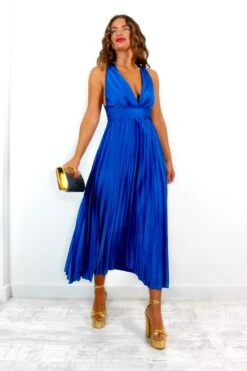 Class Is Timeless - Cobalt Satin Pleated Midi Dress