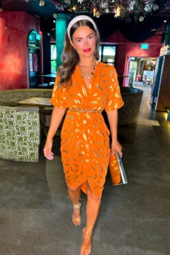 Cocktail OClock - Orange Gold Feather Midi Dress -Fashion Clothing Store Cocktail OClock Orange Gold Feather Midi Dress 1234