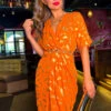 Cocktail OClock - Orange Gold Feather Midi Dress
