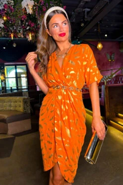 Fashion Clothing Store 44 Cocktail OClock - Orange Gold Feather Midi Dress