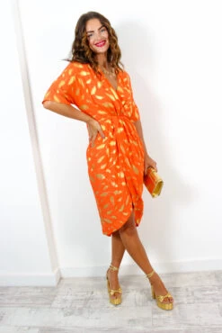 Cocktail OClock - Orange Gold Feather Midi Dress -Fashion Clothing Store CocktailOClock OrangeGoldFeatherMidiDress 1