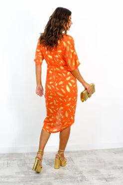 Cocktail OClock - Orange Gold Feather Midi Dress -Fashion Clothing Store CocktailOClock OrangeGoldFeatherMidiDress 3