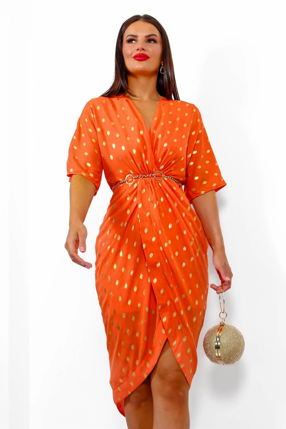 Cocktail OClock - Orange Gold Foil Midi Dress 2 Cocktail OClock - Orange Gold Foil Midi Dress - Image 2