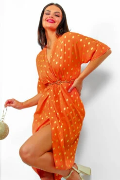 Cocktail OClock - Orange Gold Foil Midi Dress 12 Cocktail OClock - Orange Gold Foil Midi Dress -Fashion Clothing Store CocktailO Clock OrangeGoldFoilMidiDress 6