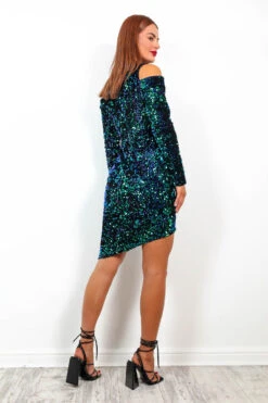 Cold Shoulder - Green Blue Sequin Mini Dress 11 Cold Shoulder - Green Blue Sequin Mini Dress -Fashion Clothing Store ColdShoulder GreenBlueSequinMiniDress2