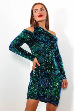 Cold Shoulder - Green Blue Sequin Mini Dress 10 Cold Shoulder - Green Blue Sequin Mini Dress -Fashion Clothing Store ColdShoulder GreenBlueSequinMiniDress6