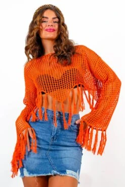 Crochet It To My Face - Orange Crochet Tassel Cropped Top -Fashion Clothing Store CrochetItToMyFace OrangeCrochetTasselCroppedTop 4