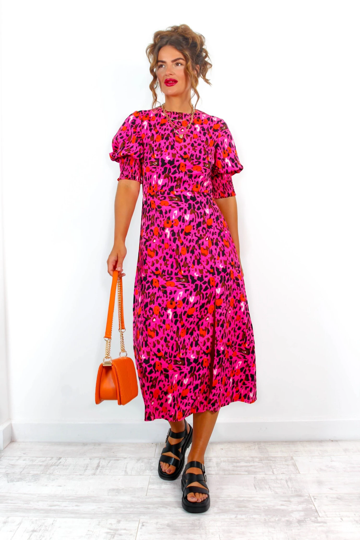 Cuff It Up - Fuchsia Orange Leopard Print Midi Dress 4 Cuff It Up - Fuchsia Orange Leopard Print Midi Dress - Image 4
