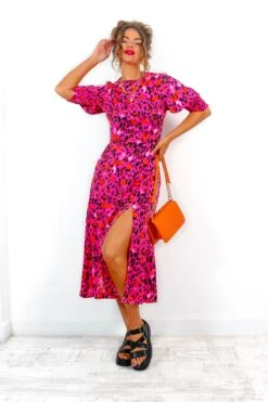 Cuff It Up - Fuchsia Orange Leopard Print Midi Dress