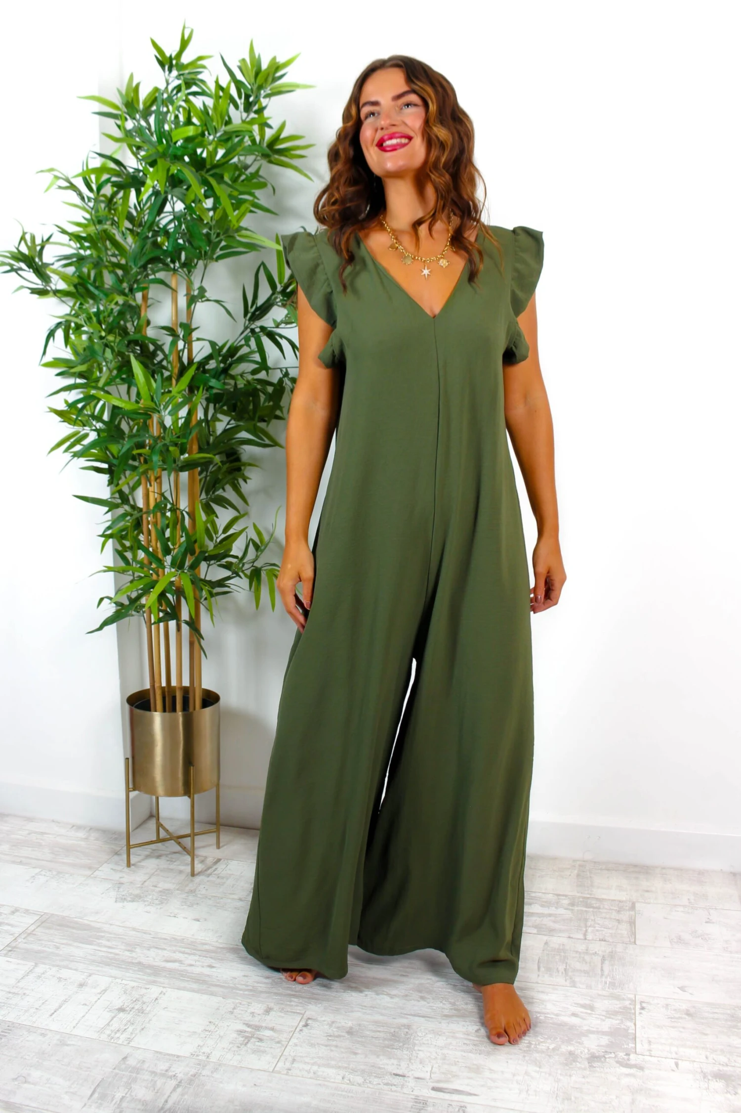 Diamond In The Ruffle - Khaki Wide Leg Jumpsuit 5 Diamond In The Ruffle - Khaki Wide Leg Jumpsuit - Image 5