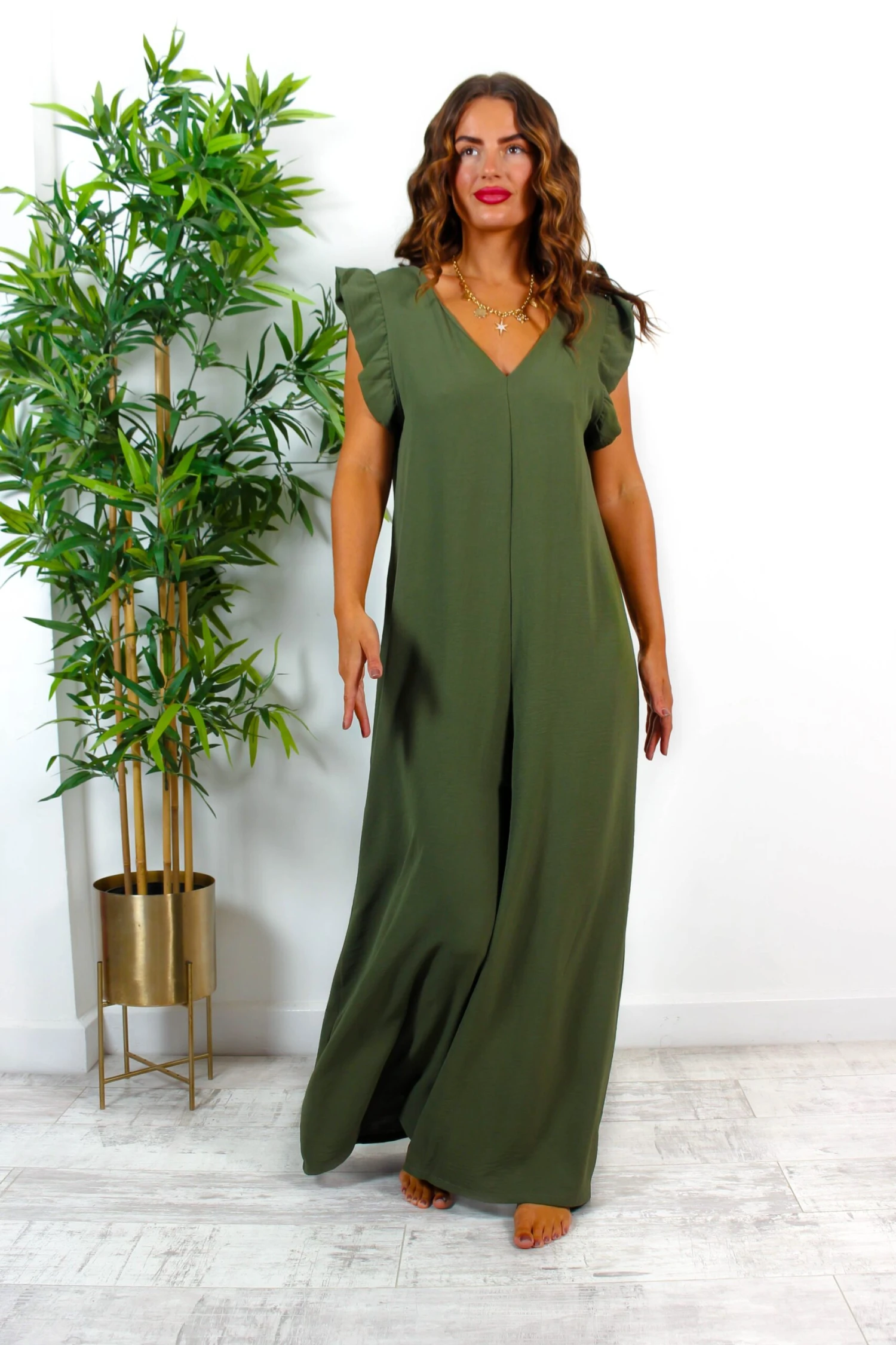 Diamond In The Ruffle - Khaki Wide Leg Jumpsuit 1 Diamond In The Ruffle - Khaki Wide Leg Jumpsuit