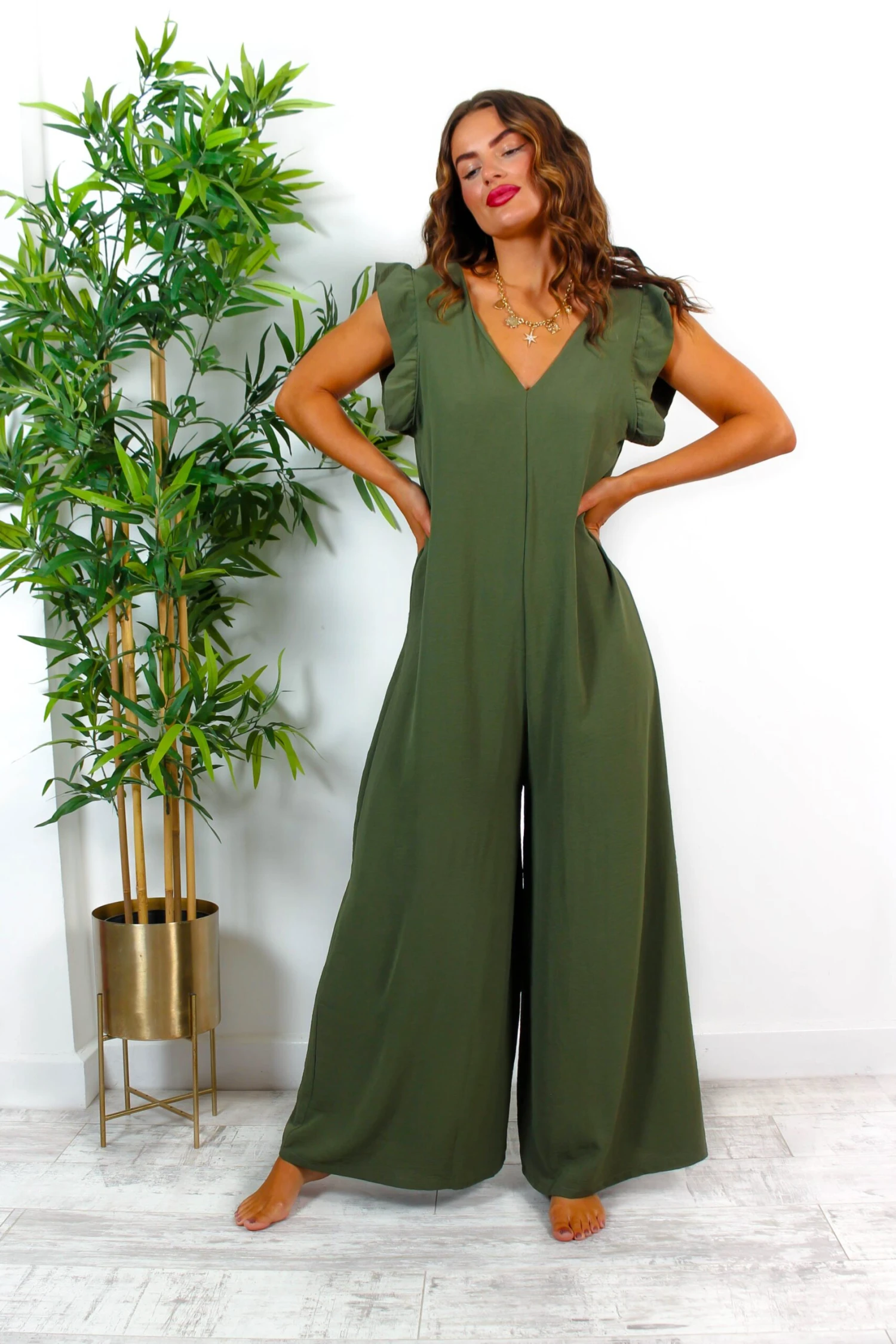Diamond In The Ruffle - Khaki Wide Leg Jumpsuit 3 Diamond In The Ruffle - Khaki Wide Leg Jumpsuit - Image 3