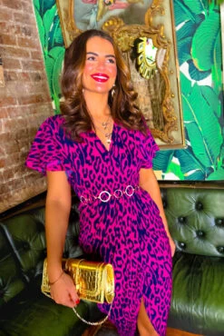 Adore Me - Raspberry Navy Leopard Print Midi Dress -Fashion Clothing Store Don t Make Me Wait Blue Purple Abstract Print Plunge Midi Dress21