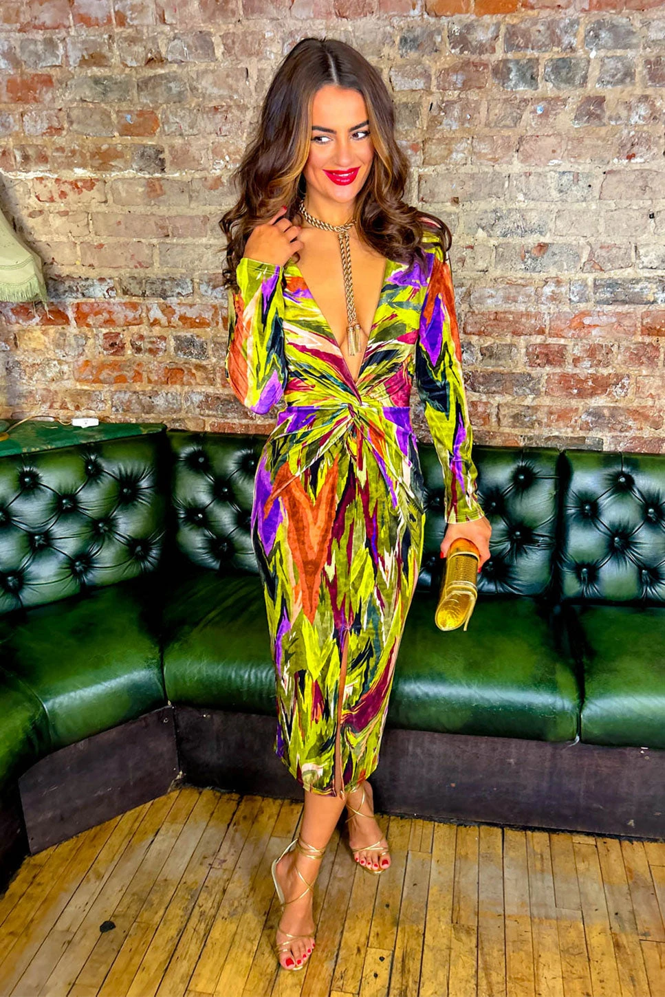 Dont Make Me Wait - Green Purple Abstract Print Plunge Midi Dress 1 Dont Make Me Wait - Green Purple Abstract Print Plunge Midi Dress