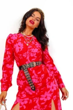 Dont Give A Glam - Red Pink Floral Midi Dress -Fashion Clothing Store Don tGiveAGlam RedPinkFloralMidiDres1