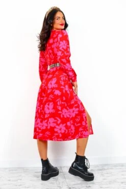 Dont Give A Glam - Red Pink Floral Midi Dress -Fashion Clothing Store Don tGiveAGlam RedPinkFloralMidiDres5