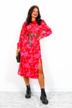 Dont Give A Glam - Red Pink Floral Midi Dress -Fashion Clothing Store Don tGiveAGlam RedPinkFloralMidiDres6