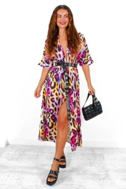 Dont Go Yet - Fuchsia Yellow Leopard Print Midi Dress