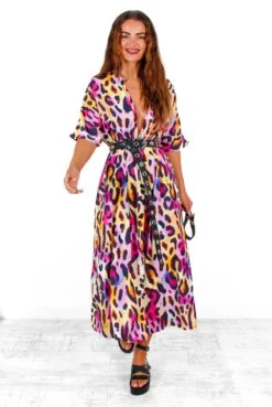 Dont Go Yet - Fuchsia Yellow Leopard Print Midi Dress -Fashion Clothing Store Don tGoYet FuchsiaYellowLeopardPrintMidiDress 5