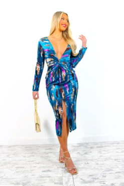 Dont Make Me Wait - Blue Purple Abstract Print Plunge Midi Dress -Fashion Clothing Store Don tMakeMeWait BluePurpleAbstractPrintPlungeMidiDress 3 2