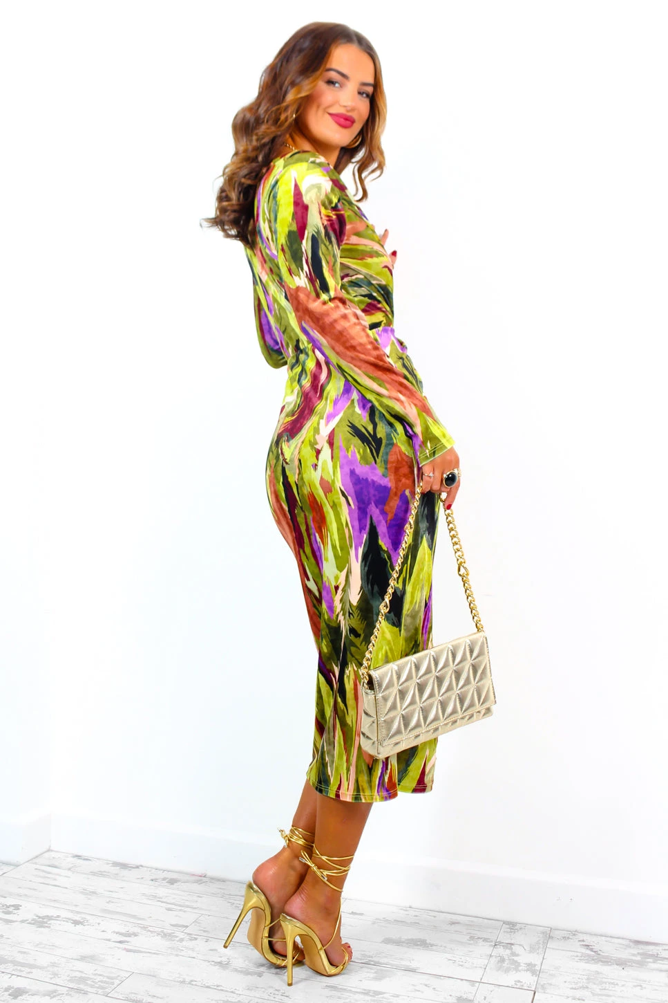 Dont Make Me Wait - Green Purple Abstract Print Plunge Midi Dress 10 Dont Make Me Wait - Green Purple Abstract Print Plunge Midi Dress - Image 10