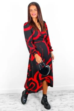 AX Paris Dont Tame Me - Black Red Brushstroke Midi Wrap Dress -Fashion Clothing Store Don tTameMe BlackRedBrushstrokeMidiWrapDress 1