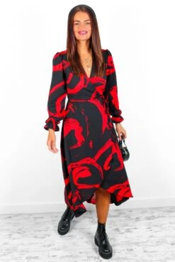 AX Paris Dont Tame Me - Black Red Brushstroke Midi Wrap Dress -Fashion Clothing Store Don tTameMe BlackRedBrushstrokeMidiWrapDress 2