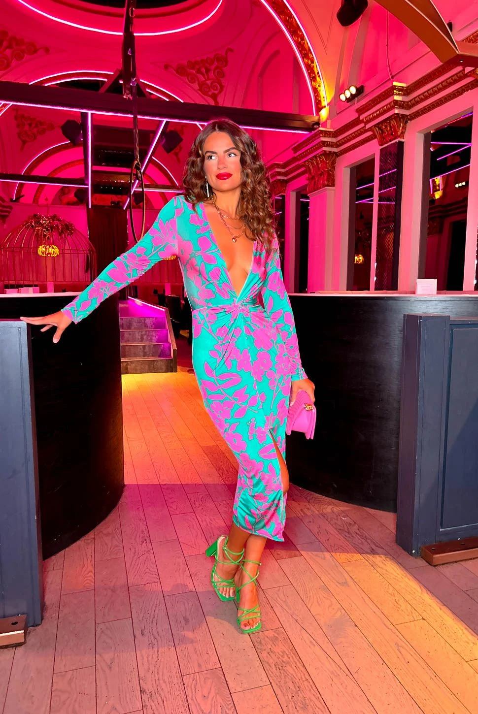 Dont Make Me Wait - Green Fuchsia Floral Plunge Midi Dress 1 Dont Make Me Wait - Green Fuchsia Floral Plunge Midi Dress