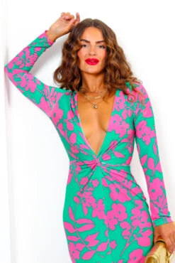 Dont Make Me Wait - Green Fuchsia Floral Plunge Midi Dress 13 Dont Make Me Wait - Green Fuchsia Floral Plunge Midi Dress -Fashion Clothing Store DontMakeMeWait GreenFuchsiaFloralPlungeMidiDress 5