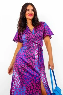 Drawing Attention - Magenta Blue Leopard Midi Wrap Dress -Fashion Clothing Store DrawingAttention MagentaBlueLeopardMidiWrapDress3