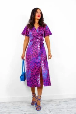 Drawing Attention - Magenta Blue Leopard Midi Wrap Dress -Fashion Clothing Store DrawingAttention MagentaBlueLeopardMidiWrapDress4