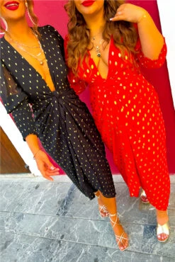 Glamorous Drive 'Em Wild - Red Gold Foil Spot Midi Wrap Dress