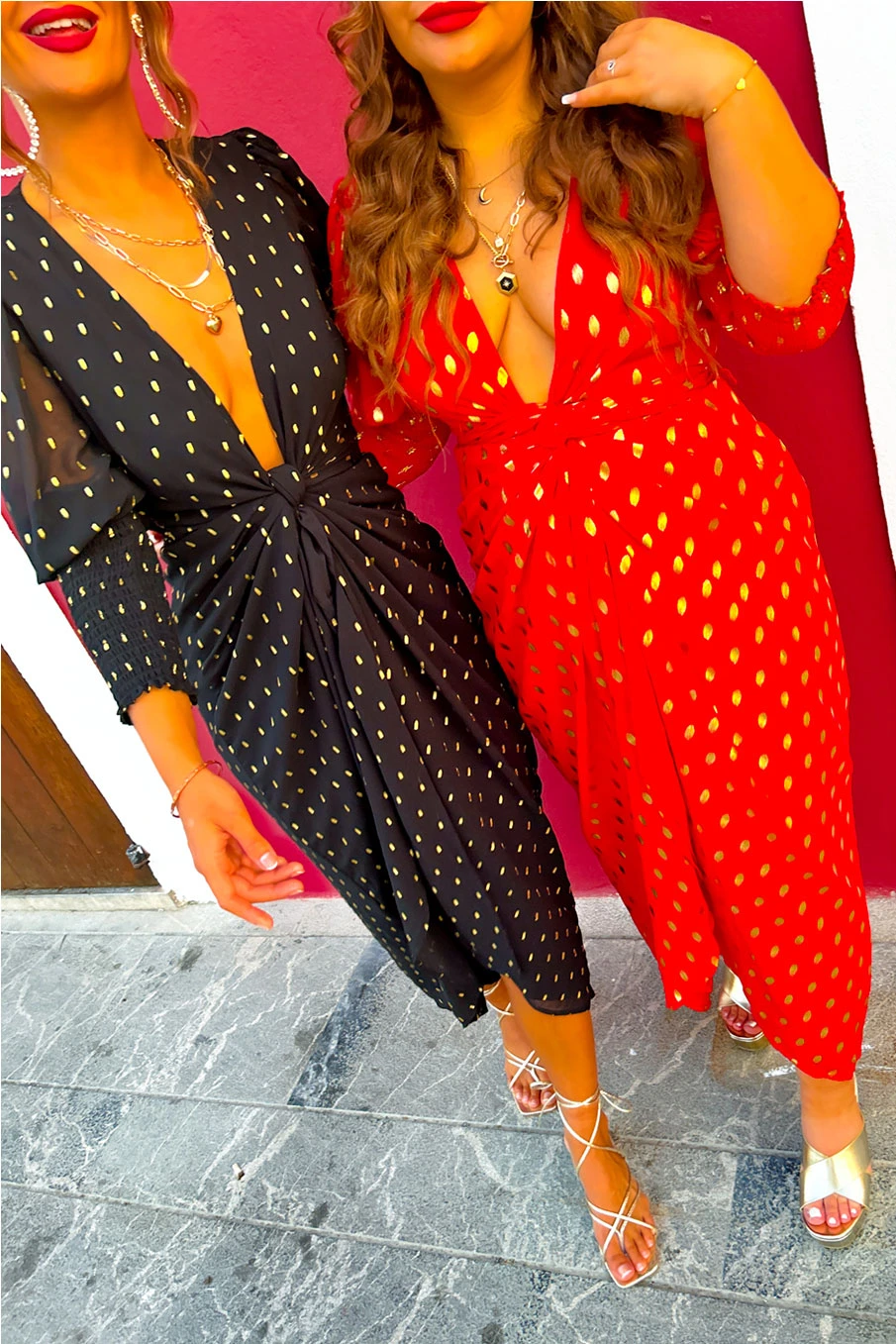 Glamorous Drive 'Em Wild - Red Gold Foil Spot Midi Wrap Dress 1 Glamorous Drive 'Em Wild - Red Gold Foil Spot Midi Wrap Dress