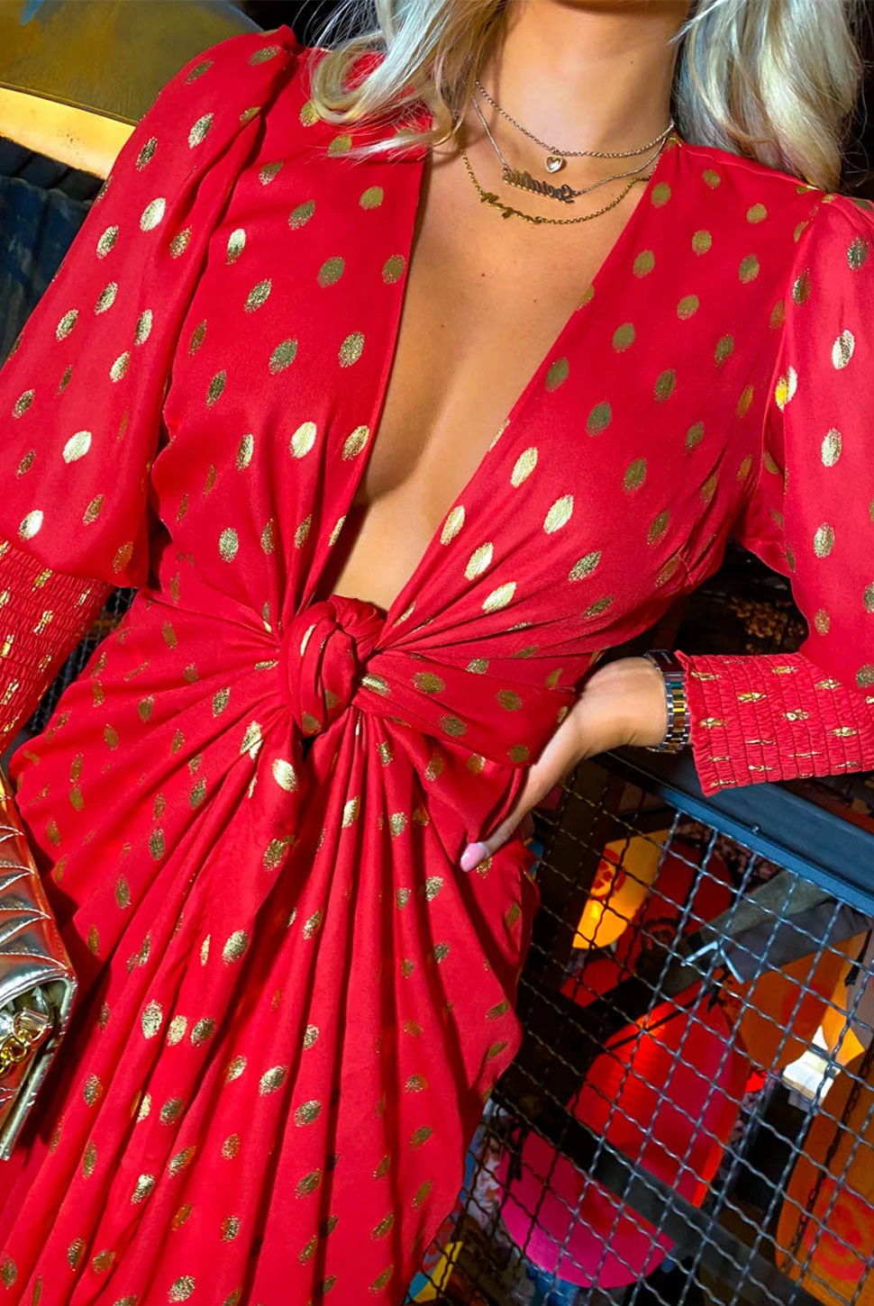 Glamorous Drive 'Em Wild - Red Gold Foil Spot Midi Wrap Dress 6 Glamorous Drive 'Em Wild - Red Gold Foil Spot Midi Wrap Dress - Image 6