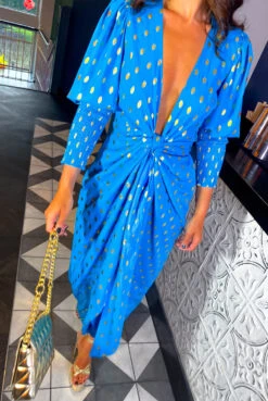 Glamorous Drive 'Em Wild - Teal Gold Foil Spot Midi Wrap Dress