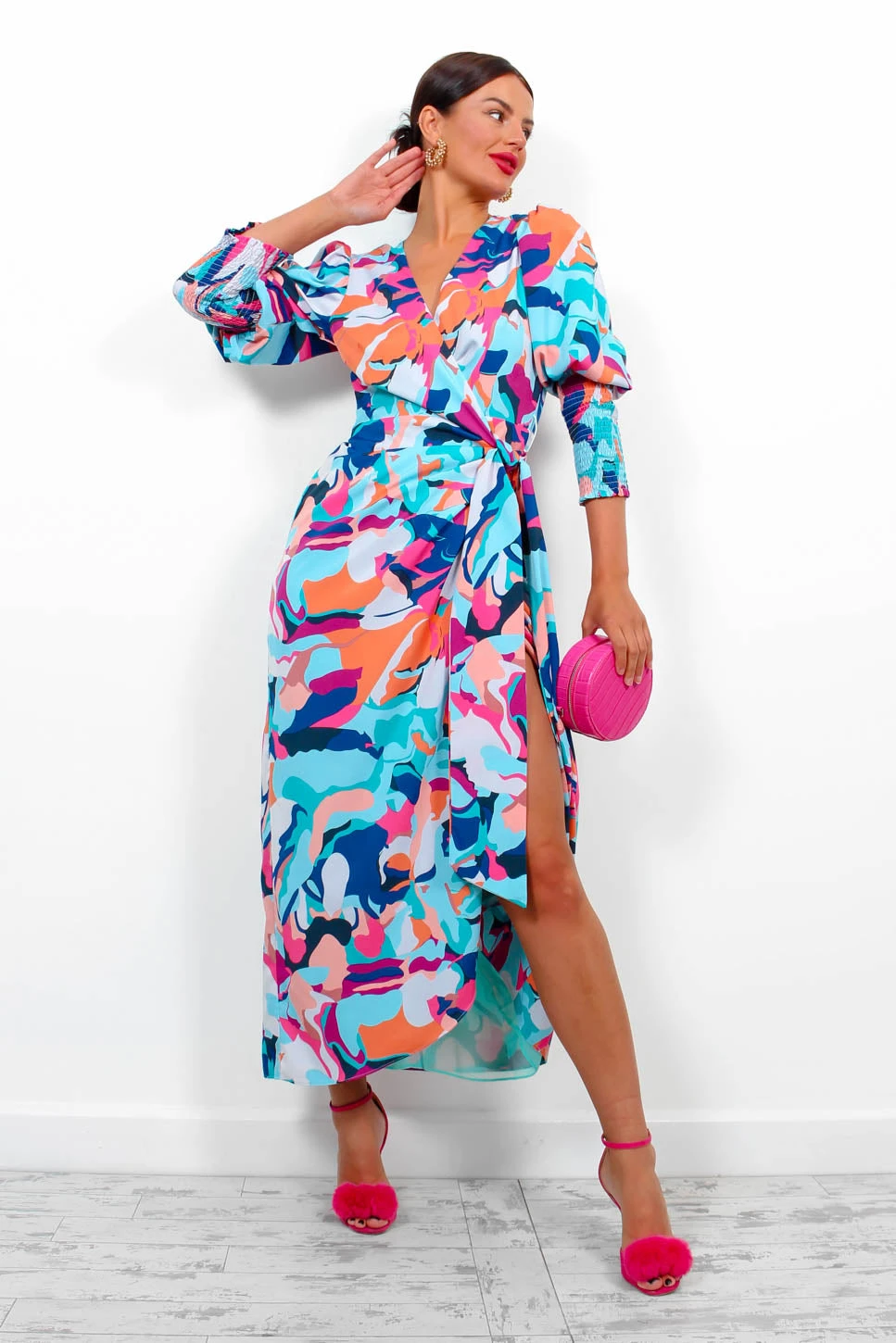 Glamorous Drive Em Wild - Blue Multi Abstract Midi Wrap Dress 3 Glamorous Drive Em Wild - Blue Multi Abstract Midi Wrap Dress - Image 3