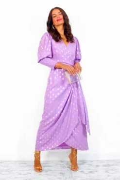 Glamorous Drive 'Em Wild - Lilac Gold Foil Spot Midi Wrap Dress -Fashion Clothing Store DriveEmWild LilacGoldFoilSpotMidiWrapDress