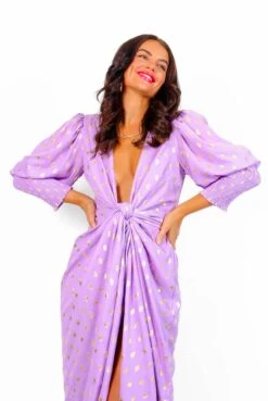 Glamorous Drive 'Em Wild - Lilac Gold Foil Spot Midi Wrap Dress -Fashion Clothing Store DriveEmWild LilacGoldFoilSpotMidiWrapDress 3