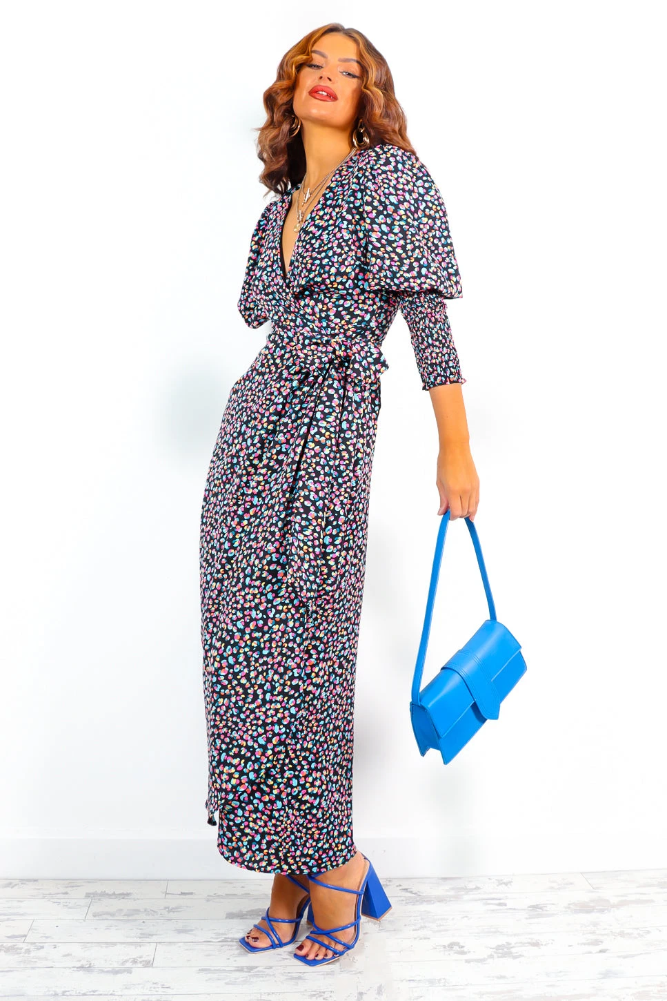 Glamorous Drive Em Wild - Black Blue Multi Abstract Midi Wrap Dress 4 Glamorous Drive Em Wild - Black Blue Multi Abstract Midi Wrap Dress - Image 4