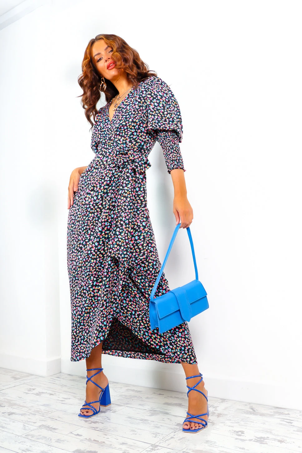 Glamorous Drive Em Wild - Black Blue Multi Abstract Midi Wrap Dress 7 Glamorous Drive Em Wild - Black Blue Multi Abstract Midi Wrap Dress - Image 7