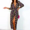 Glamorous Drive Em Wild - Black Multi Rose Midi Wrap Dress