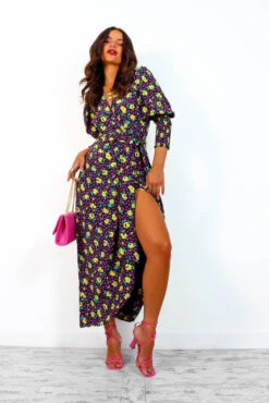 Glamorous Drive Em Wild - Black Multi Rose Midi Wrap Dress -Fashion Clothing Store Drive EmWild BlackMultiRoseMidiWrapDress8